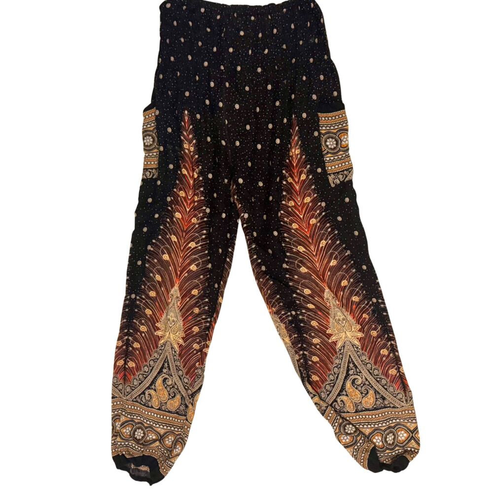 Peacock Harem Pants Women's Size M Gold Peacock Feather Boho Smocked Festival